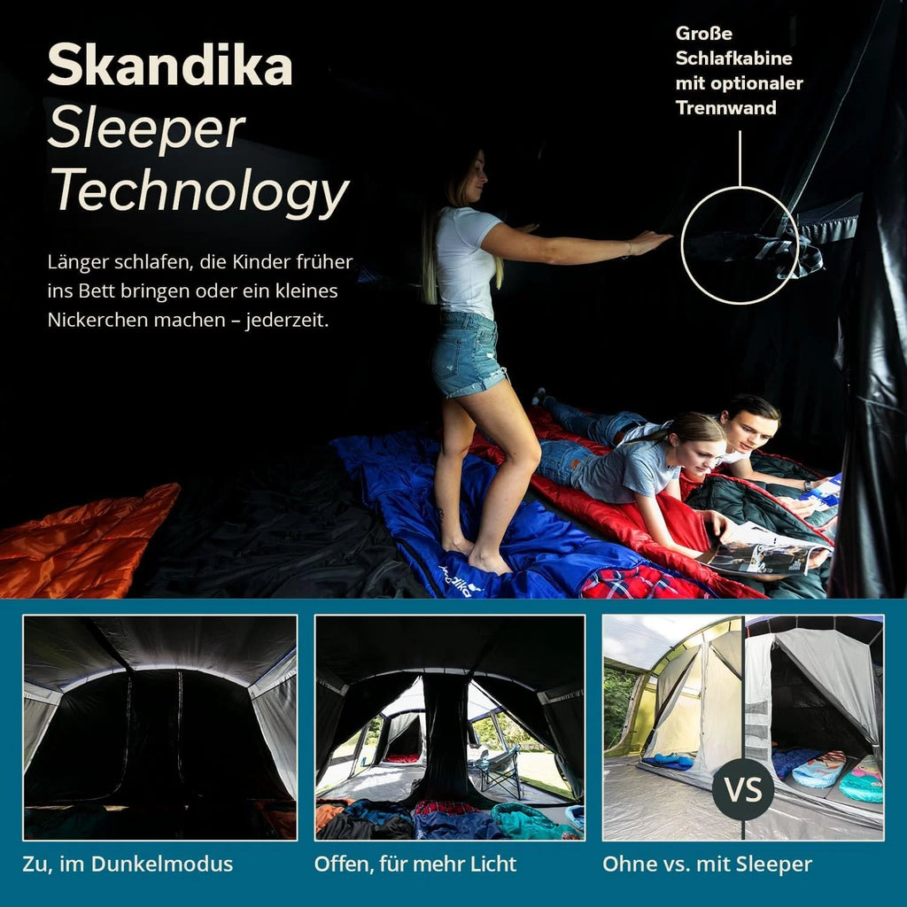 Skandika Namiot tunelowy Montana dla 8 osób, technologia Sleeper, 3-4 czarne sypialnie, słup wody 5000 mm, moskitiera, 4 wejścia, namiot kempingowy | duży namiot rodzinny