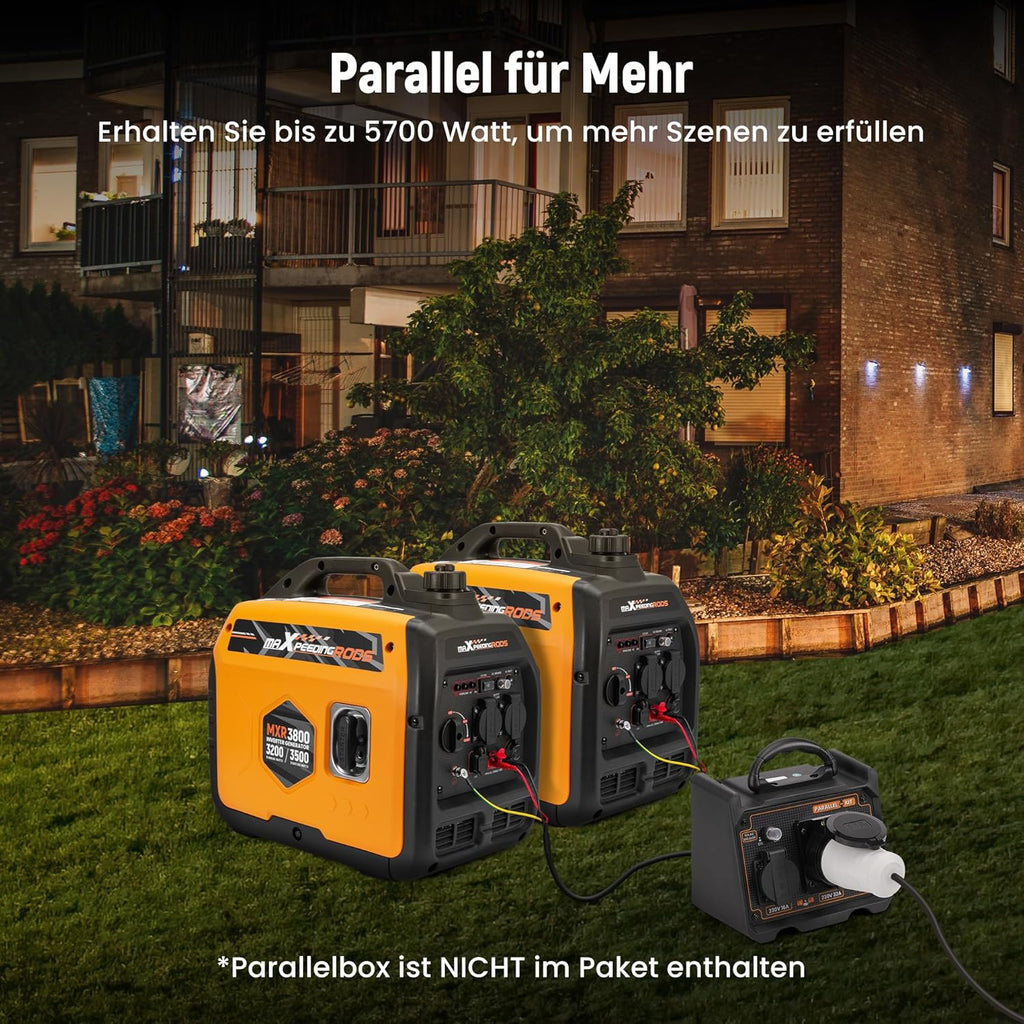 maXpeedingrods Inwerterowy generator prądu 3500 W, lekki i mobilny agregat prądotwórczy na benzynę, tryb ECO z 2 x 230 V / 2 x USB / 1 x 12 V DC gniazda wtykowe na kemping, festiwale, podróże