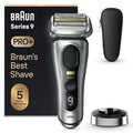 Braun Golarka elektryczna Series 9 Pro z głowicą 4+1, trymerem ProLift, stojakiem ładującym i etui podróżnym, technologia Sonic, wtyczka 2-pinowa brytyjska, 9417s, srebrna golarka, ocena najlepszego
