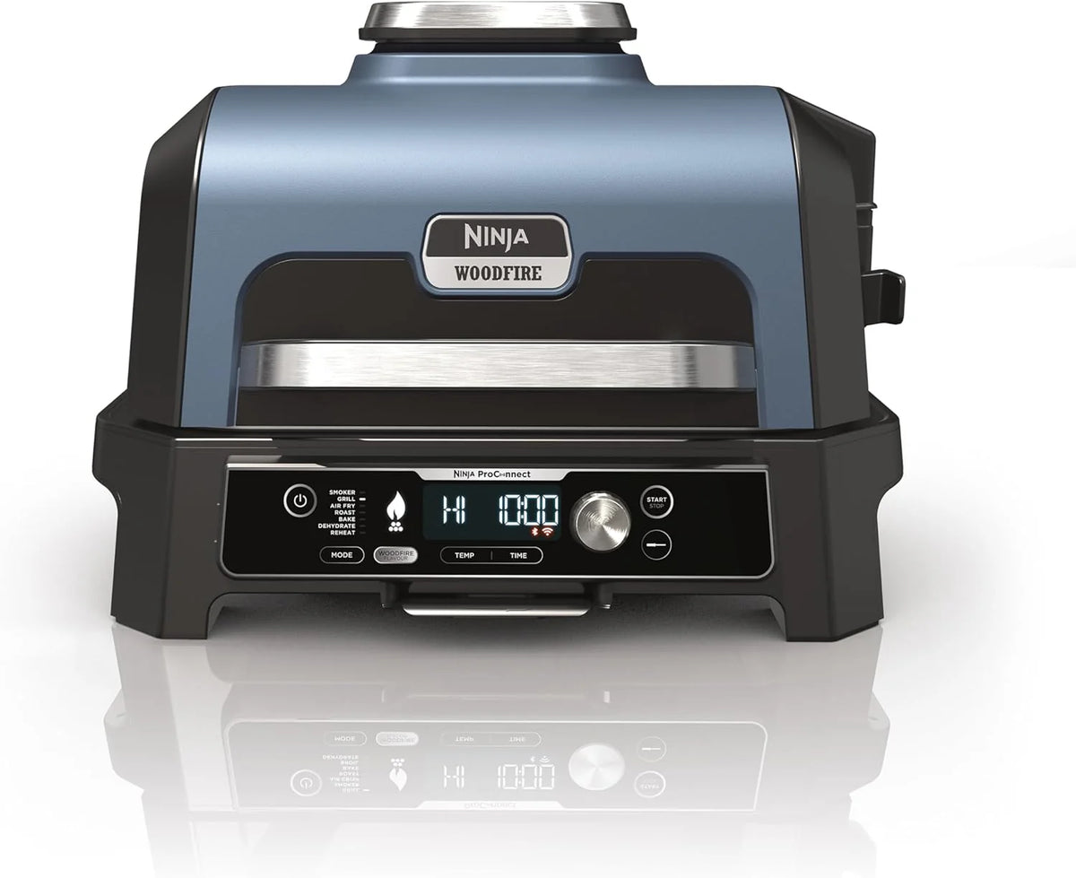 Ninja Woodfire Pro Connect XL Grill elektryczny, wędzarnia i frytkownica 7 w 1, sterowany za pomocą aplikacji, termometr cyfrowy z sondą, opalany pelletem drzewnym, wodoodporny, czarny, OG901EU