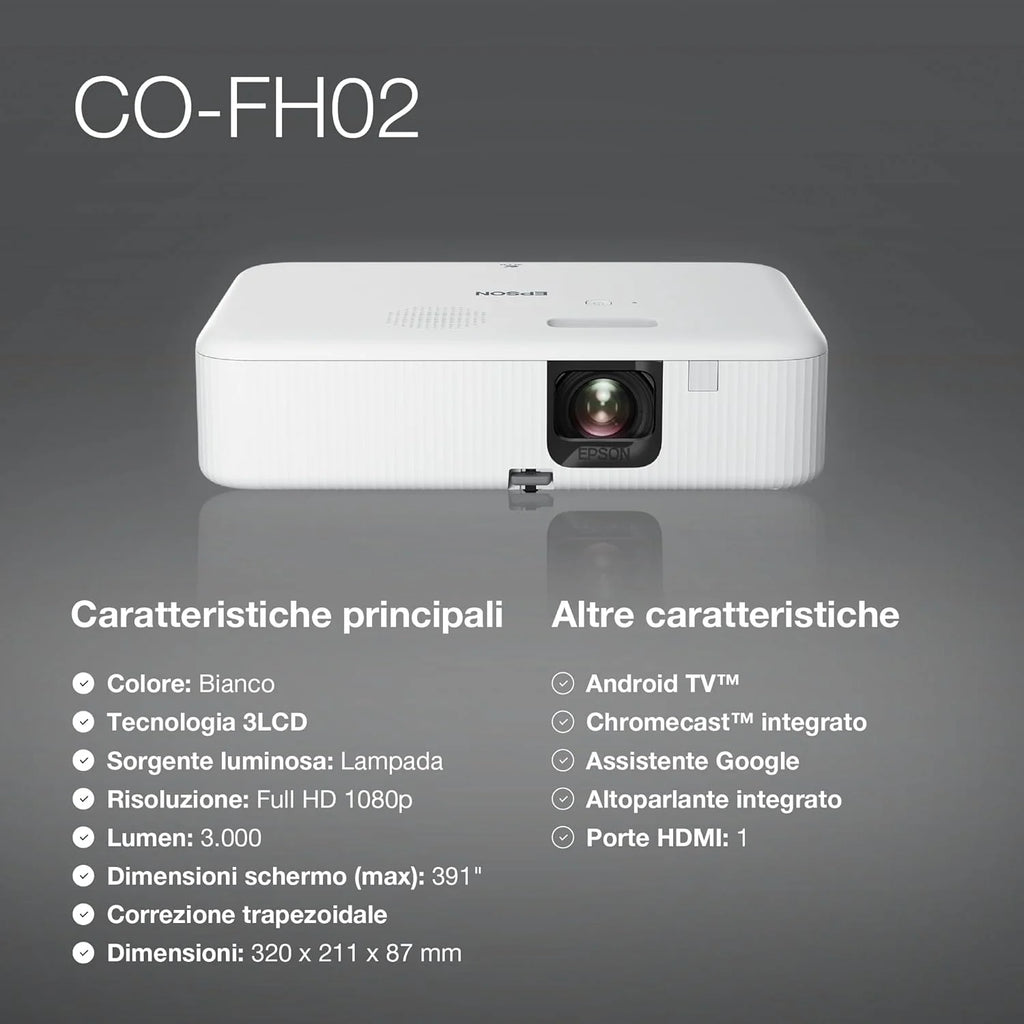 Epson CO-FH02 projektor 3LCD (Full HD 1920 x 1080p, 3000 lumenów, kolor biały i kolorowy, przekątna ekranu 9,93 m, Android TV, HDMI)