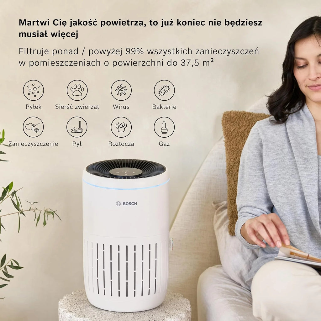 Bosch Air 6000 - Oczyszczacz powietrza — do powierzchni do 125 m² — skutecznie filtruje ponad 99% zanieczyszczeń — Tryb automatyczny oraz uśpienia (< 25 dB(A)) — CADR: 600 m³/h