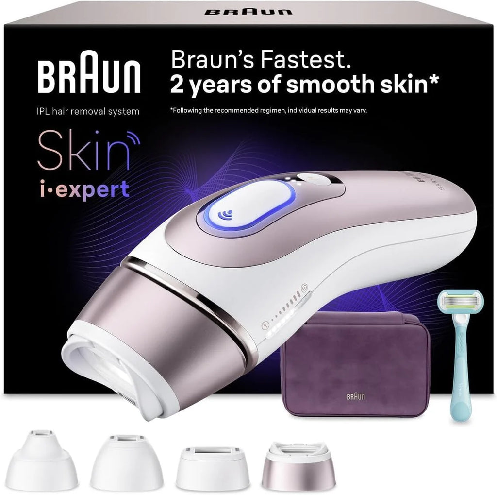 Braun Lumiere Pulsee Intelligent Skin i·expert PL7431, biały i brązowy - domowa alternatywa dla lasera, przewodowa, z kieszenią, brzytwą Gillette Venus, 4 głowice, podłączony do aplikacji