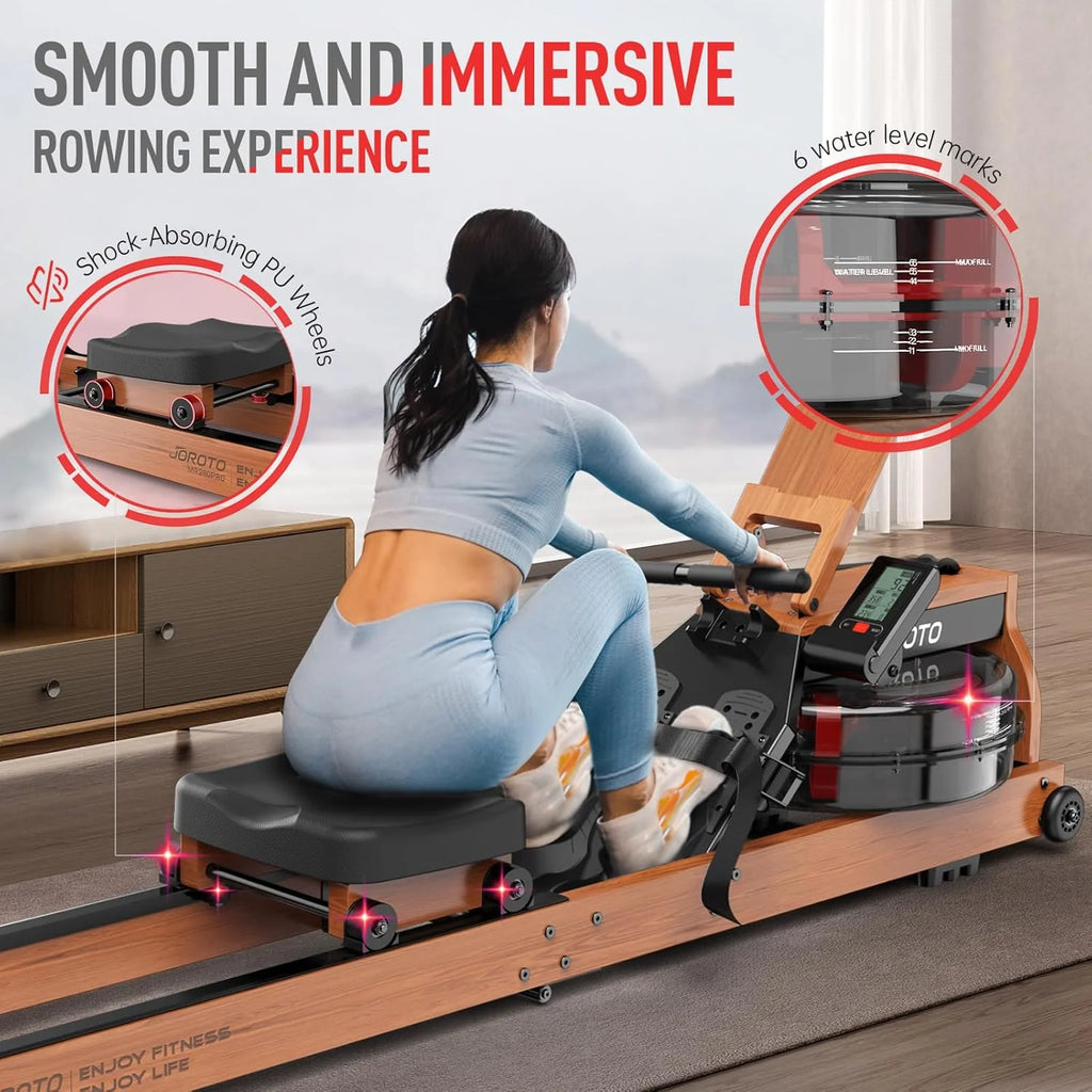 JOROTO Drewniany wioślarz do domowej siłowni, składany rower z drewna dębowego z Bluetooth, regulowany uchwyt na tablet - nośność 330LS