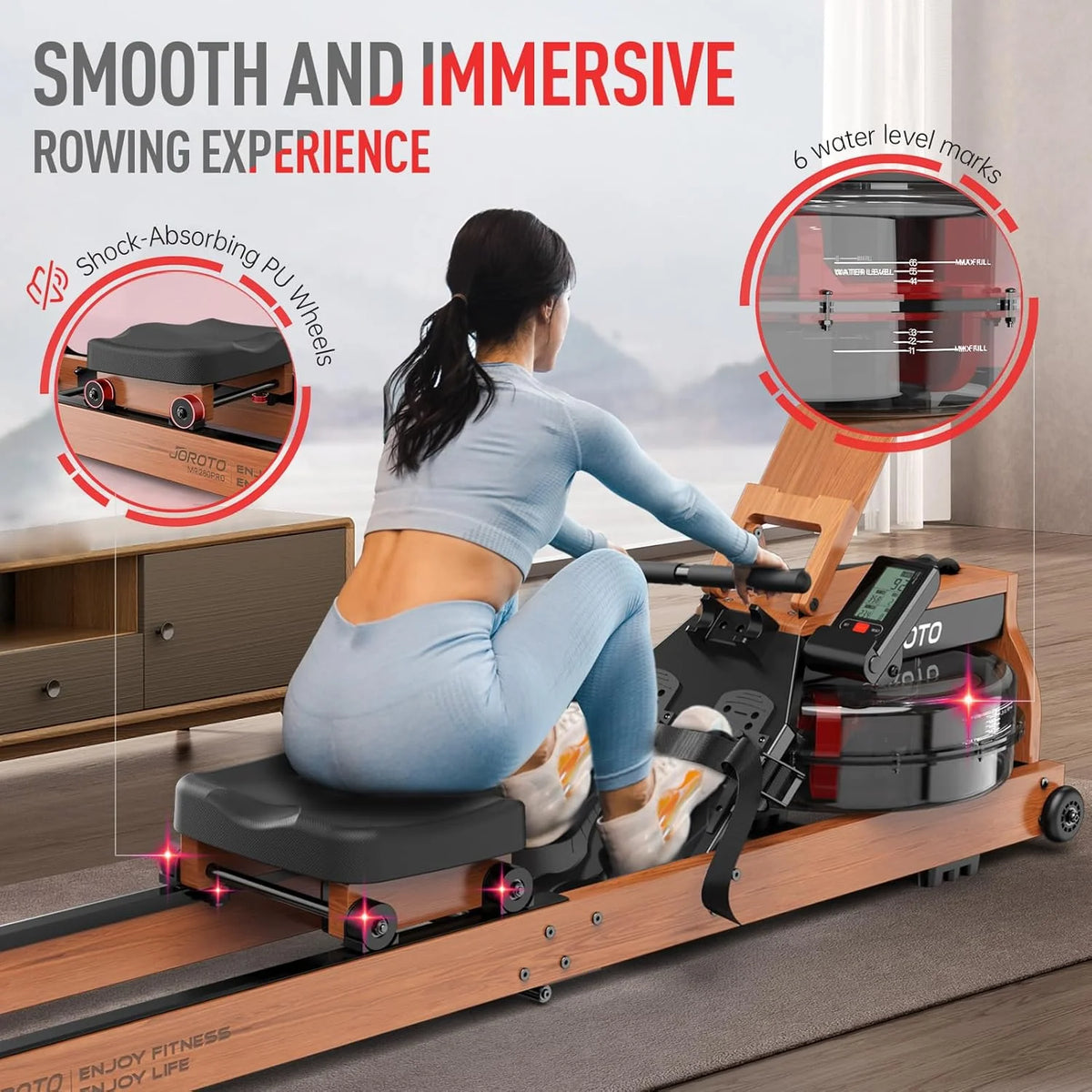 JOROTO Drewniany wioślarz do domowej siłowni, składany rower z drewna dębowego z Bluetooth, regulowany uchwyt na tablet - nośność 330LS