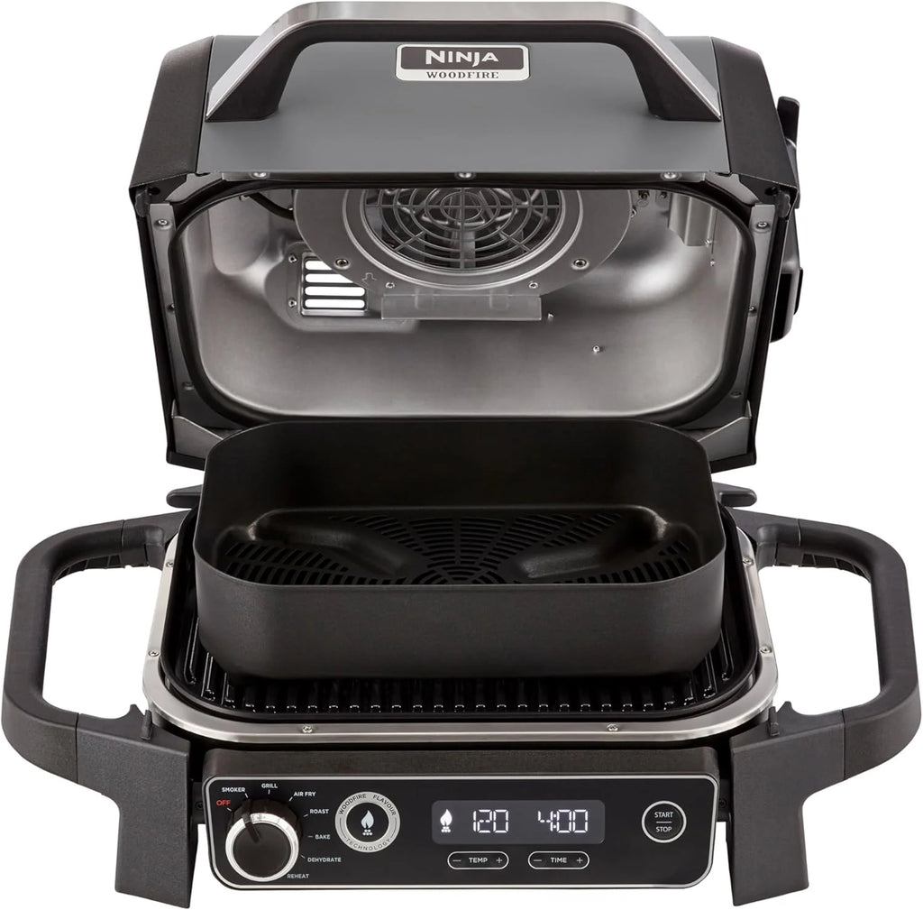Ninja Woodfire Pro Connect XL Grill elektryczny, wędzarnia i frytkownica 7 w 1, sterowany za pomocą aplikacji, termometr cyfrowy z sondą, opalany pelletem drzewnym, wodoodporny, czarny, OG901EU
