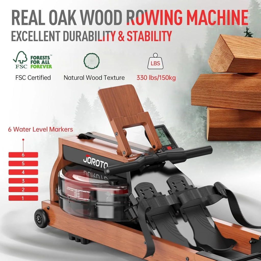 JOROTO Drewniany wioślarz do domowej siłowni, składany rower z drewna dębowego z Bluetooth, regulowany uchwyt na tablet - nośność 330LS