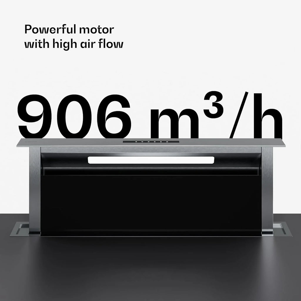 Klarstein Verosteel Downdraft okap kuchenny 90 cm – klasa energetyczna A++, zwiększenie wydajności 906,2 m³/h, obsługa dotykowa, LED, aluminium i szkło, filtr do zmywarki, cichy okap kuchenny