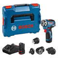 Bosch Professional system 12V: akumulatorowa wiertarko-wkrętarka GSR 12V-35 FC (2 akumulatory GBA 12V 3.0Ah, szybka ładowarka GAL 12V-40, 4 wymienne uchwyty FlexiClick, walizka L-BOXX)