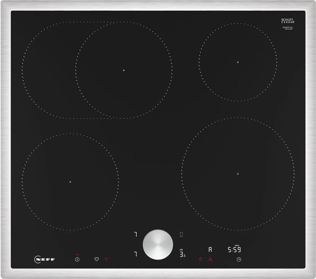 NEFF T56STF1L0 płyta indukcyjna N90, samowystarczalna płyta grzewcza z ceramiki szklano-ceramicznej, szerokość 60 cm, Twist Pad, Home Connect, Smart Hood Automatic, poziom mocy, przylegająca, czarna