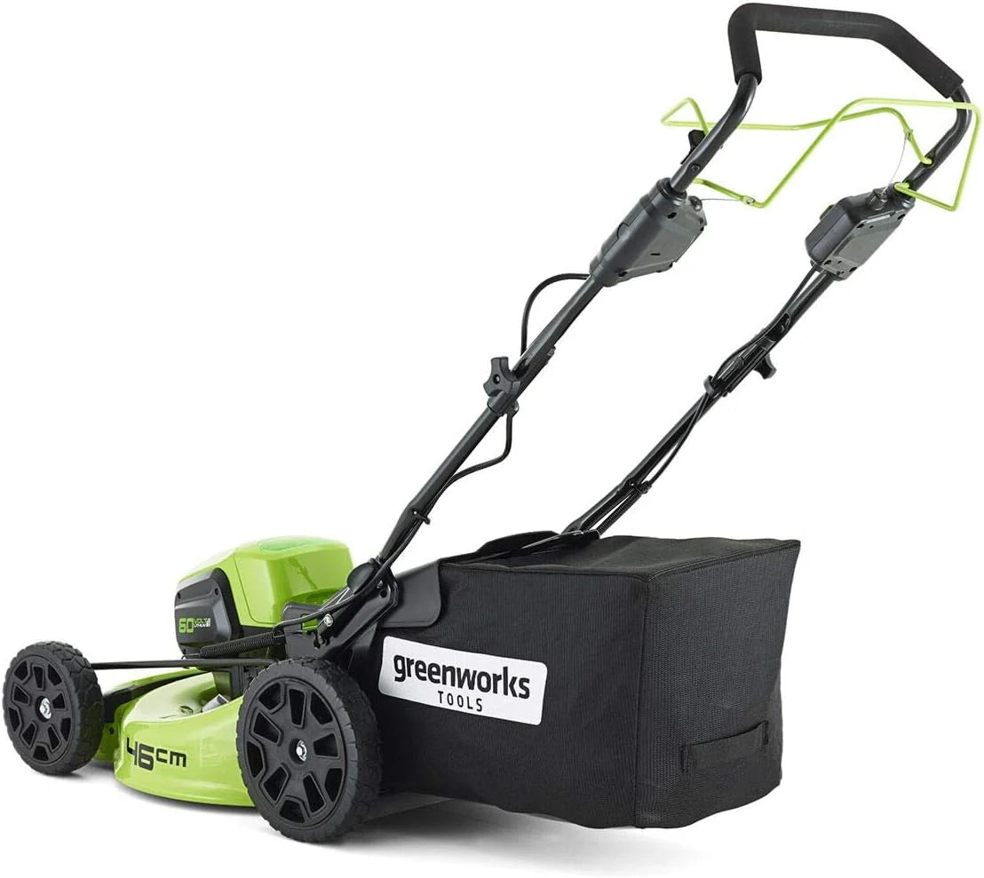 Kosiarka akumulatorowa Greenworks GD60LM46SP (Li-Ion 60V 46cm szerokość cięcia 3w1 Kosiarka Mulching Boczny wyrzut 55L taca na pickup wysokość cięcia 25 do 80 mm bez baterii i ładowarki)