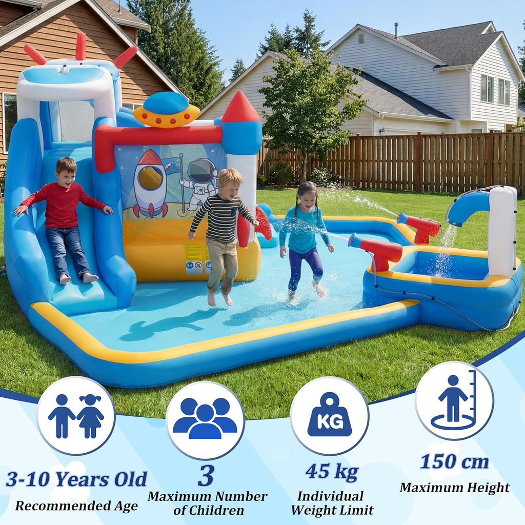 UEV Nadmuchiwany zamek dmuchany z dmuchawą, duży park wodny, do użytku wewnątrz i na zewnątrz, zjeżdżalnia, motyw rakietowy, 452 x 437 x 213 cm