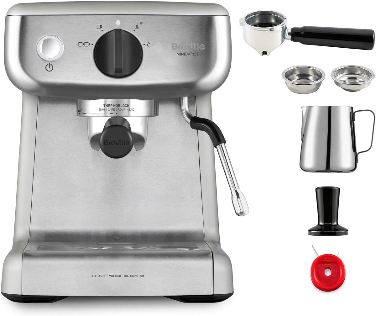 Breville Barista Max Ekspres do kawy Kolbowy VCF126X, Zbiornik na wodę 2.8L, Zintegrowany młynek do kawy i spieniacz do mleka, 15 Bar, Stal Szczotkowana