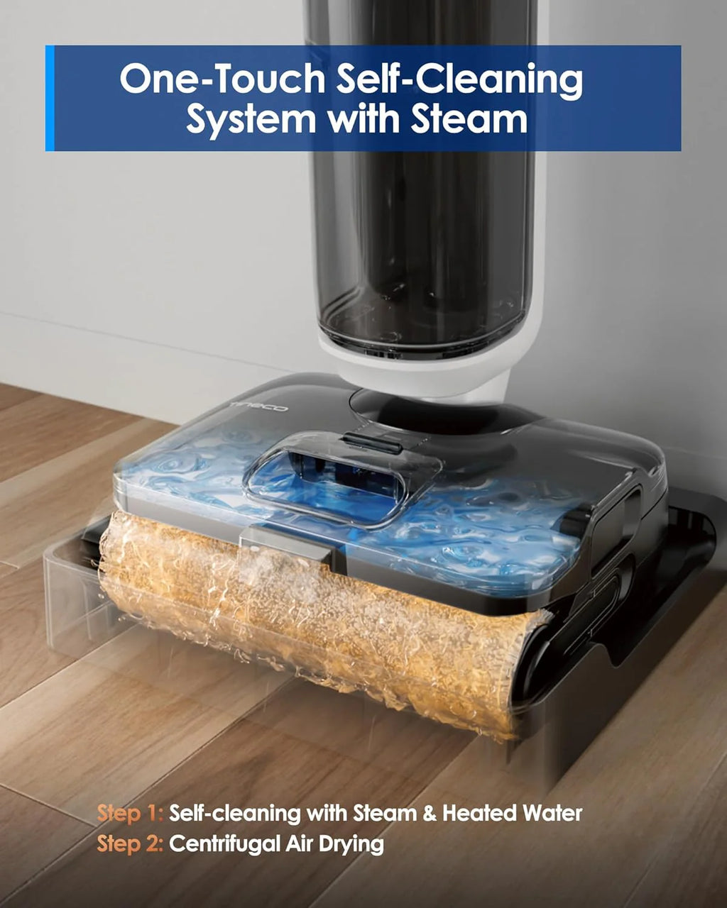 Tineco Odkurzacz parowy FLOOR ONE S6 Stretch Steam, czyszczenie parowe w wysokiej temperaturze 160 ℃, płaska pozycja 180°, automatyczne czyszczenie FlashDry, kabel o długości 8,3 m