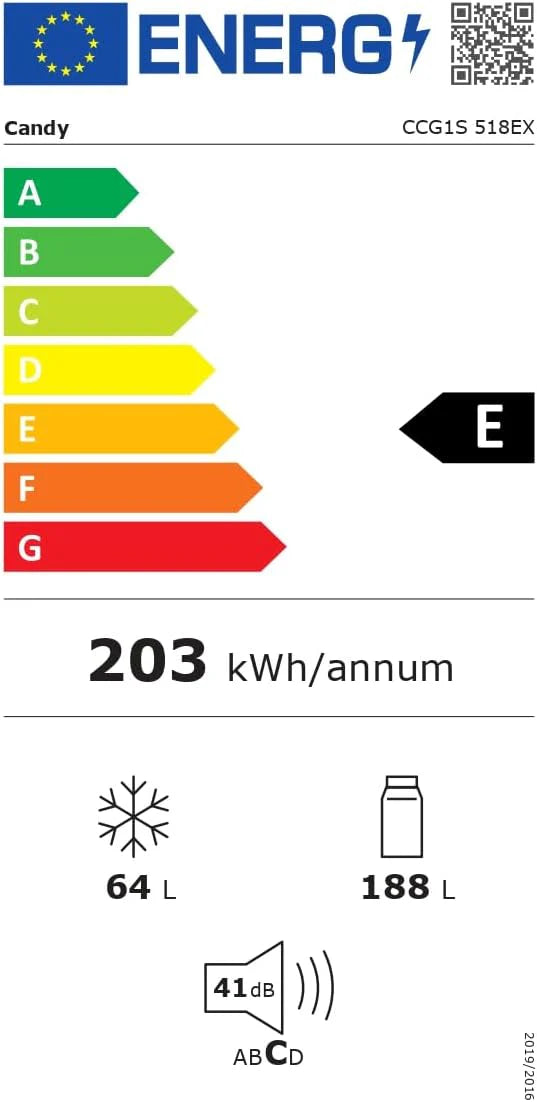 Candy CCG1S 518EX Lodówka Kombi, Szerokość 55cm, Wysokość 1,80m, Pojemność 252L, Szuflada na składniki, Mechaniczna kontrola temperatury, Oświetlenie LED, Odwracalne drzwi, 41DB, stal nierdzewna