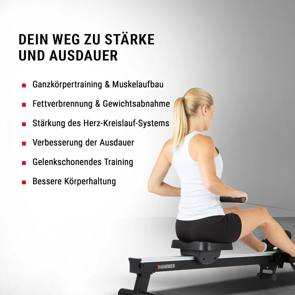 HAMMER Wioślarz Cobra XTR Plus II do domu – wioślarz z innowacyjnym komputerem treningowym, uchwytem na smartfon/tablet, do 130 kg wagi użytkownika, 232 x 55 x 75 cm, kolor czarny, 4532