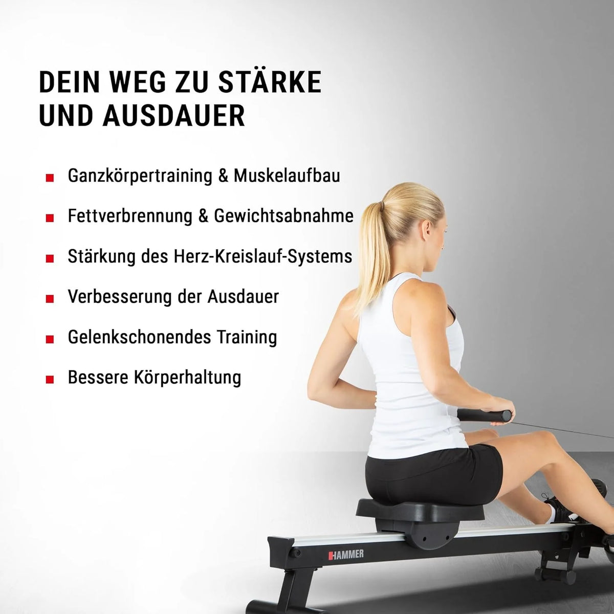 HAMMER Wioślarz Cobra XTR Plus II do domu – wioślarz z innowacyjnym komputerem treningowym, uchwytem na smartfon/tablet, do 130 kg wagi użytkownika, 232 x 55 x 75 cm, kolor czarny, 4532