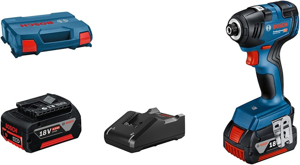 Bosch Professional system 18V: akumulatorowy klucz udarowy GDR 18V-200 (2 akumulatory GBA 18V 4.0Ah, szybka ładowarka GAL 18V-40, walizka L-Case)