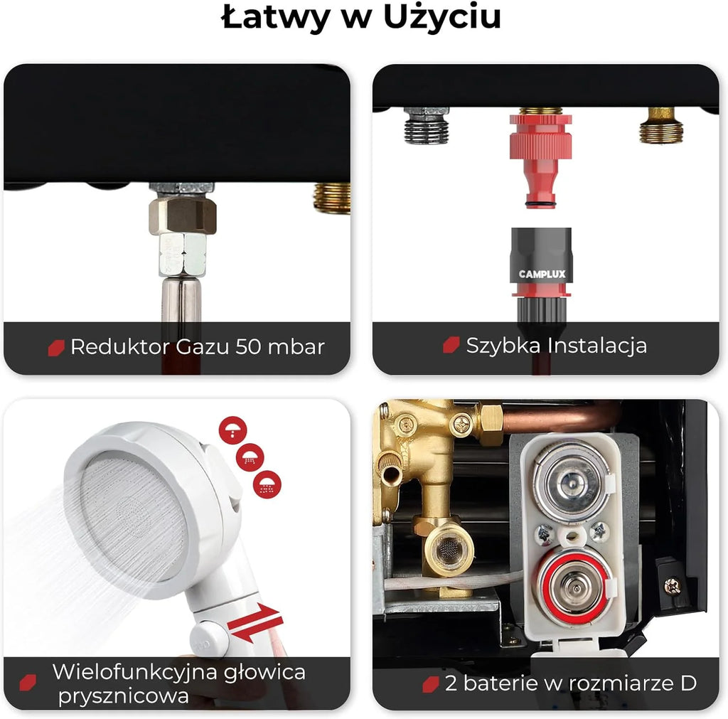 CAMPLUX 10 litrów gazowy podgrzewacz wody z pompą wodną BW264BCP120-DE, bezzbiornikowy zewnętrzny prysznic gazowy do mycia koni/kemping/podróży RV, 50mbar, LPG