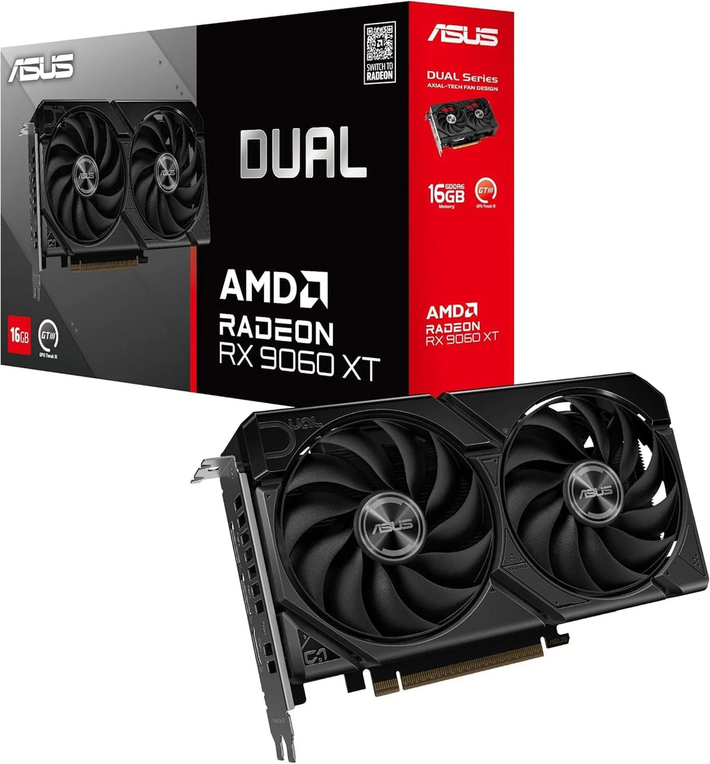 ASUS Dual Radeon RX 9060 XT 16GB GDDR6 – karta graficzna (PCIe 5.0, HDMI 2.1b, DisplayPort 2.1a, gniazdo 2.5, wentylatory osiowe, technologia 0dB)