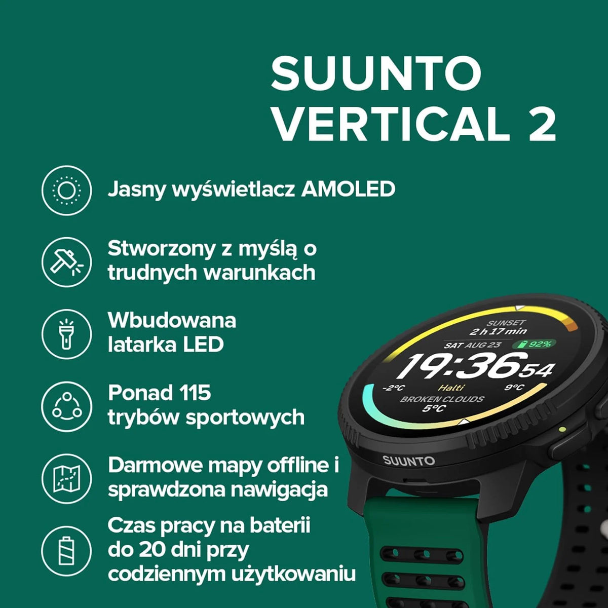 SUUNTO Vertical 2 Zegarek sportowy GPS, jasny 1,5-calowy ekran dotykowy AMOLED, latarka LED, 20-dniowy czas pracy baterii, mapy offline, wskaźniki treningowe i informacje o regeneracji, podwójny GNSS