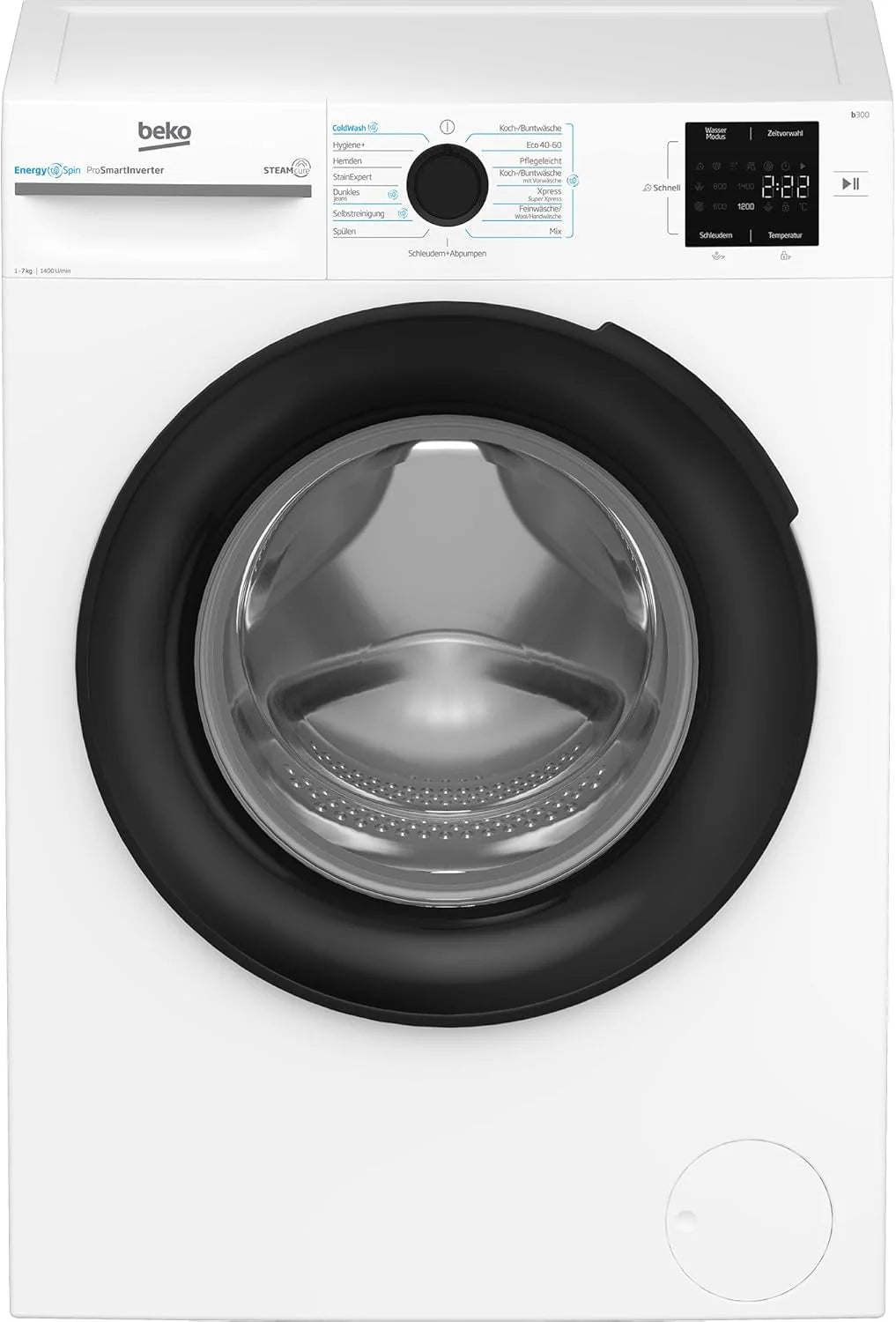 Beko BM3WFU3741X pralka wolnostojąca, 7 kg, EnergySpin, wybór wirowania 1400 obr./min, funkcja pary, higiena + nadaje się dla alergików, oszczędność wody i czasu, kolor biały