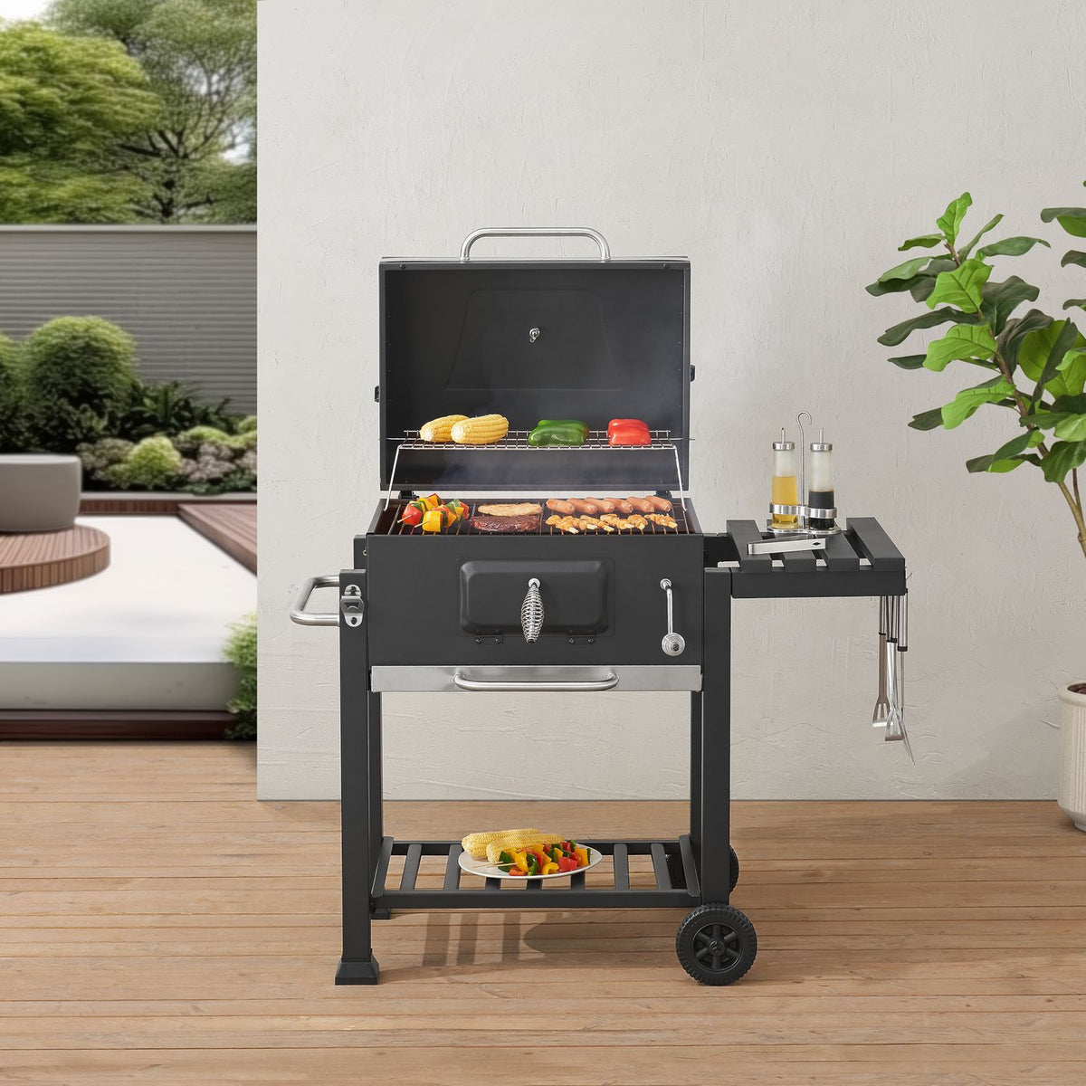 Grill węglowy Arnad z 3 stalowymi półkami 105x114x48cm - czarny [casa.pro]