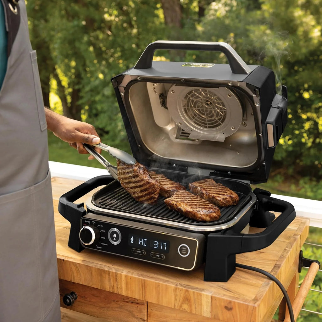 Ninja Woodfire Pro Connect XL Grill elektryczny, wędzarnia i frytkownica 7 w 1, sterowany za pomocą aplikacji, termometr cyfrowy z sondą, opalany pelletem drzewnym, wodoodporny, czarny, OG901EU