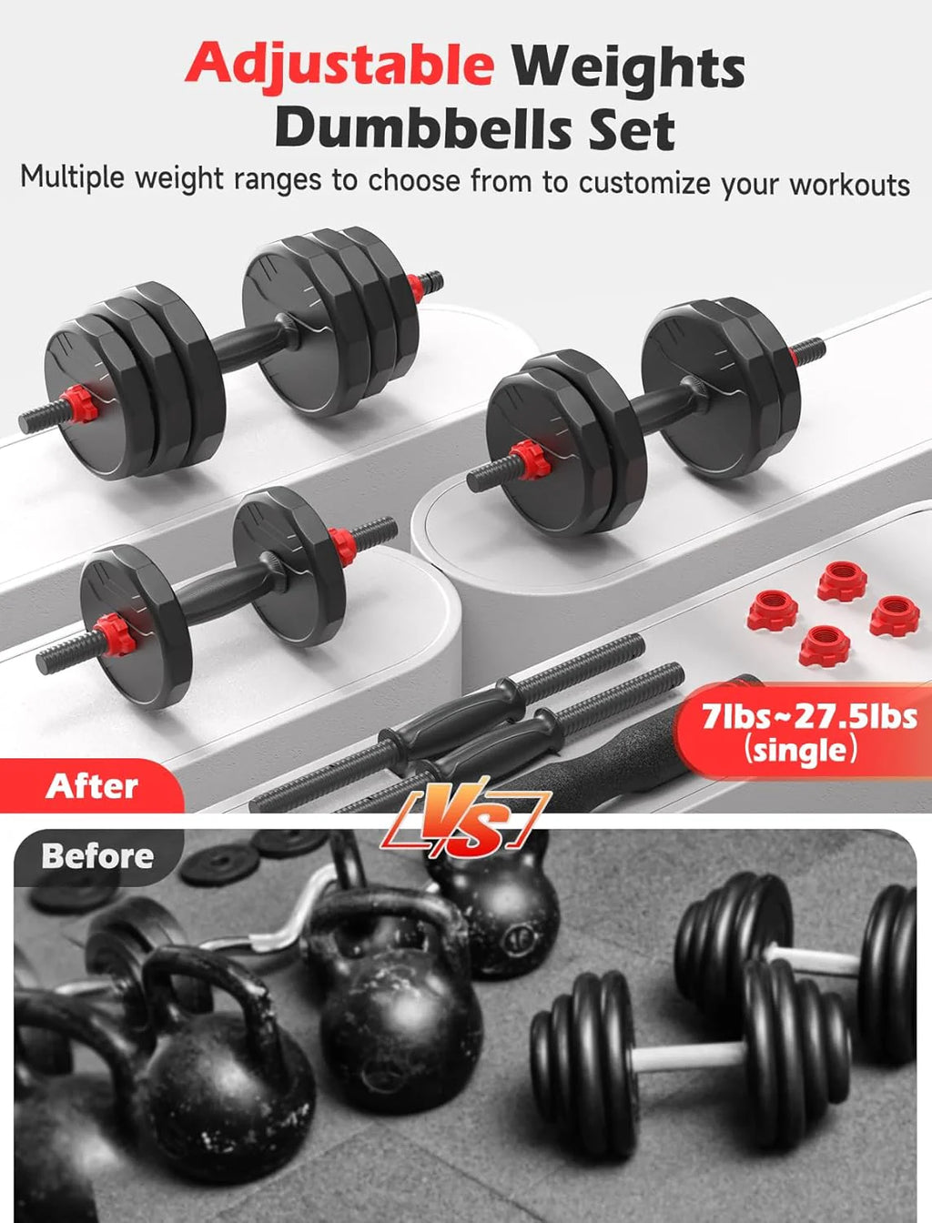 UKEEP Regulowany zestaw hantli, zestaw hantli 55/70/40.8 kg ze złączem, zestaw hantli 3 w 1 używany jako sztanga, kettlebell, ćwiczenia fitness do domowej siłowni odpowiednie dla mężczyzn/kobiet