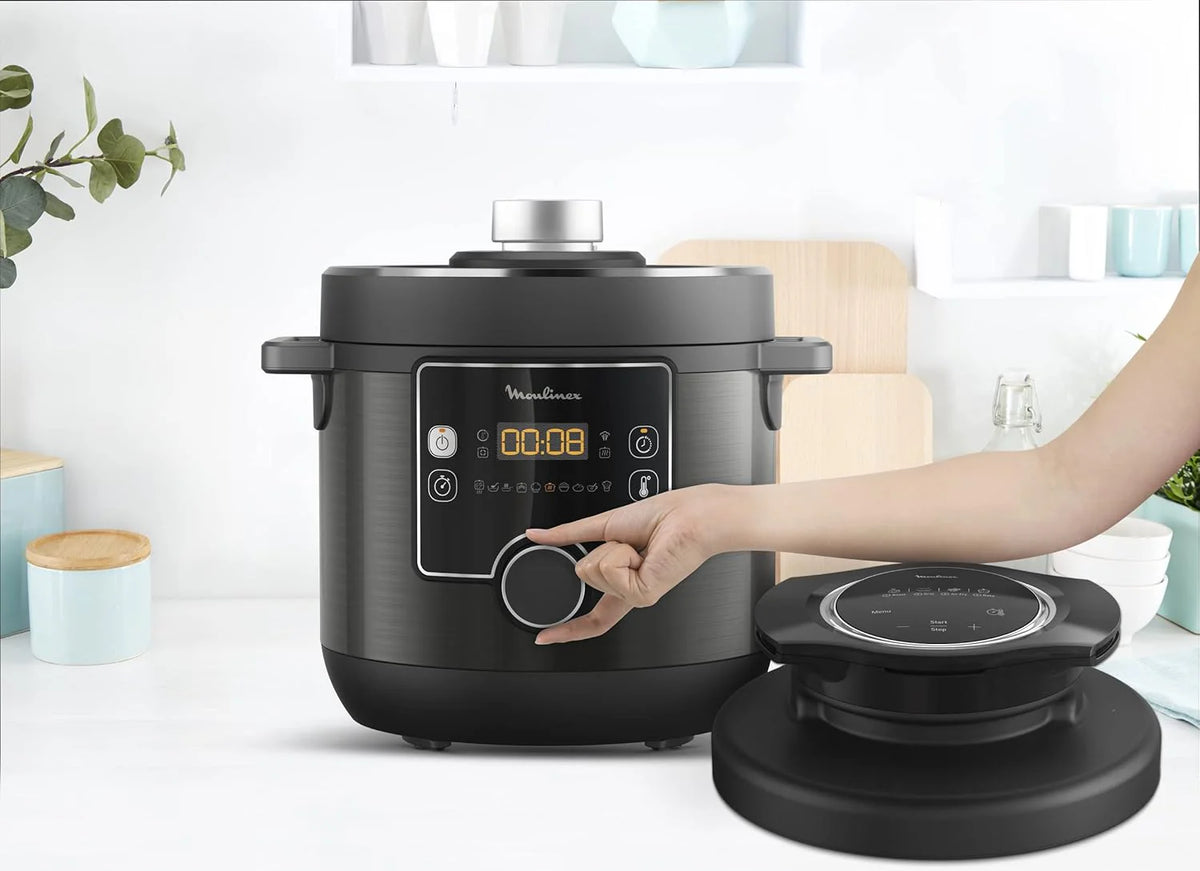 Moulinex Turbo Cuisine & Fry CE7788-2 w 1: elektryczny szybkowar i frytkownica powietrzna do 1450 W, nieprzywierająca miska sferyczna, 15 programów automatycznych, timer, akcesoria, czarny