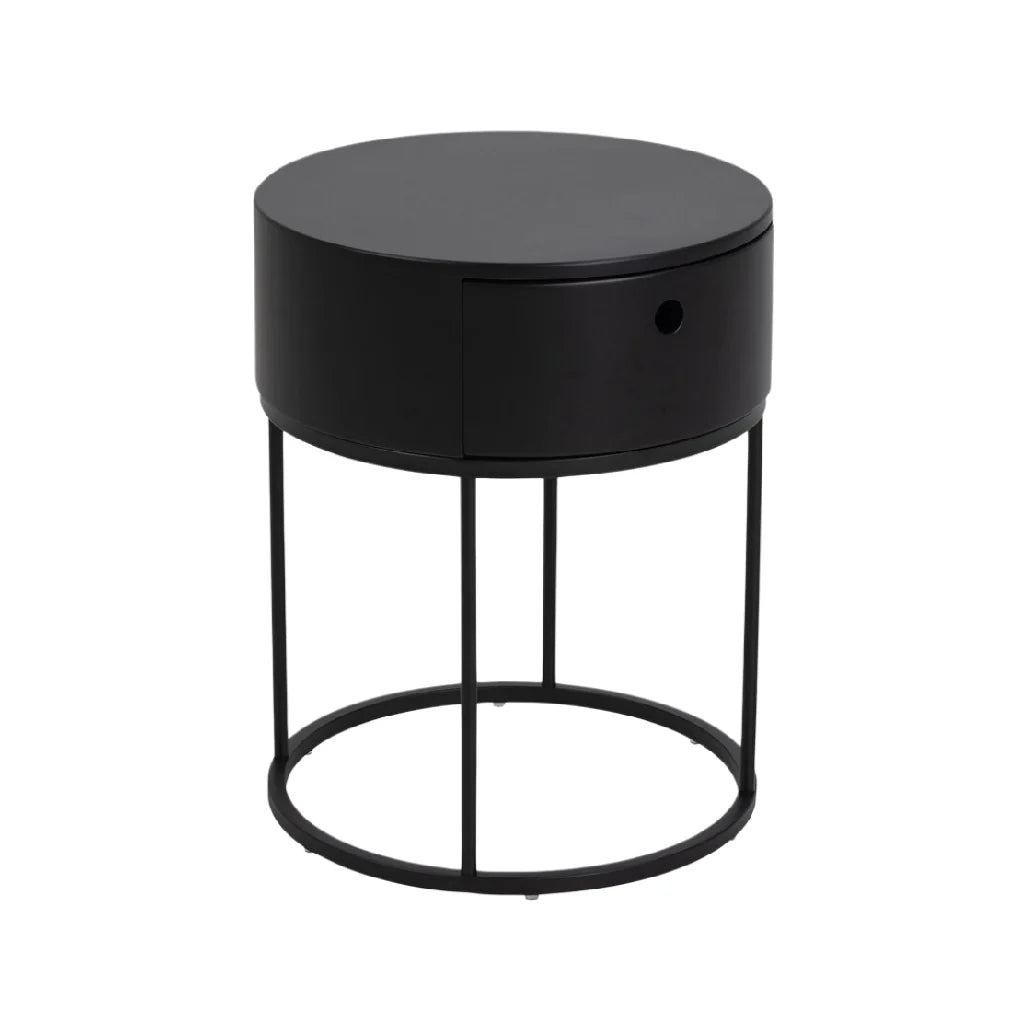Stolik nocny z metalową podstawą i szufladą - czarny design minimalistyczny