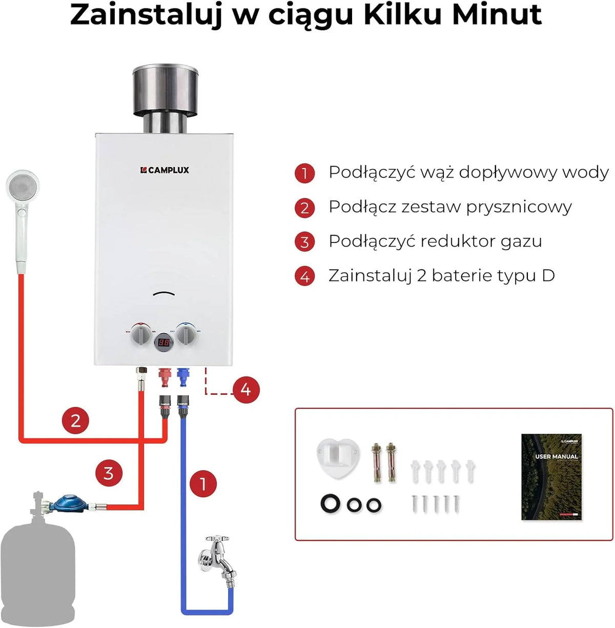 CAMPLUX 10 litrów gazowy podgrzewacz wody z pompą wodną BW264BCP120-DE, bezzbiornikowy zewnętrzny prysznic gazowy do mycia koni/kemping/podróży RV, 50mbar, LPG