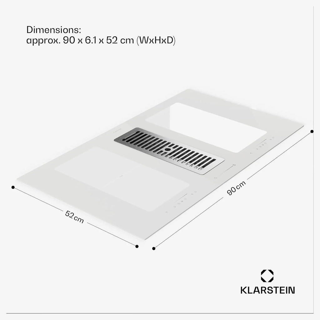 Płyta grzewcza Klarstein 2 w 1 ze zintegrowanym okapem, płyta indukcyjna z okapem do wyspy kuchennej, płyta grzewcza 90 cm ze zintegrowanym okapem, przepływ powietrza 391 m³/h, klasa energetyczna A+