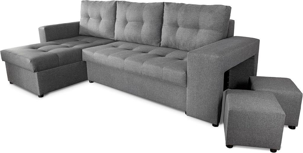 NAWSTOL - Sofa narożna Leon z funkcją spania i skrzynią na pościel – nowoczesna sofa do salonu – możliwość montażu z lewej lub prawej strony (szara + biała sztuczna skóra)
