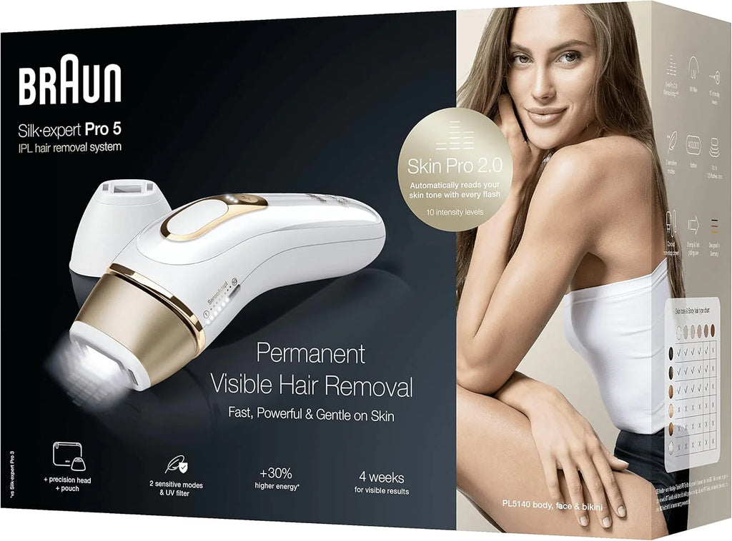 Braun IPL Silk Expert Pro 5 urządzenie do usuwania włosów dla kobiet/mężczyzn, trwale widoczne usuwanie włosów, z kieszenią, alternatywa do laserowego usuwania włosów, prezent dla kobiet, PL5140, białe/złote