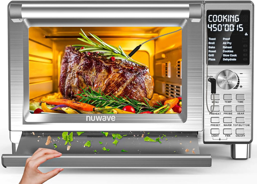 Nuwave Bravo XL Pro Smart Oven & Air Freidera, ulepszony wentylator o 100% szybszy, ostrzejsze wyniki, regulowane temperatury 50F-500F, ulepszone interaktywne zimne białe wyświetlanie,