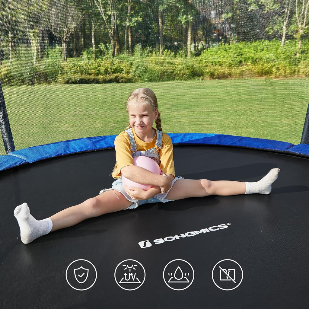 SONGMICS Trampolina Ø 366 cm, trampolina ogrodowa dla dzieci z siatką zabezpieczającą, drążki o wysokości 180 cm, osłona krawędzi, drabinka, rama stalowa, czarno-niebieski STR123Q01