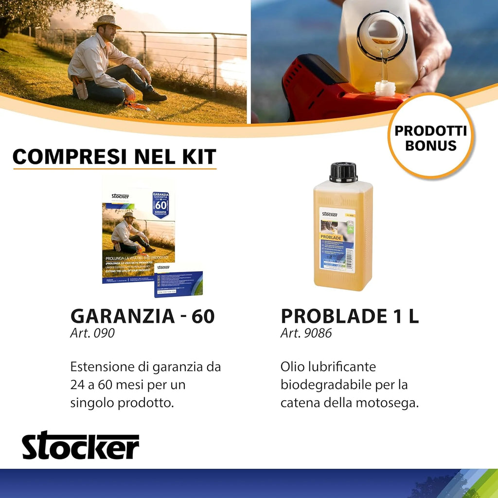 STOCKER - Zestaw do przycinania piły łańcuchowej z teleskopową rączką Magma E-150 LA 21V - akumulator 2,6 Ah i olej smarujący w zestawie - cięcie do 3,5 m - lekka i wydajna