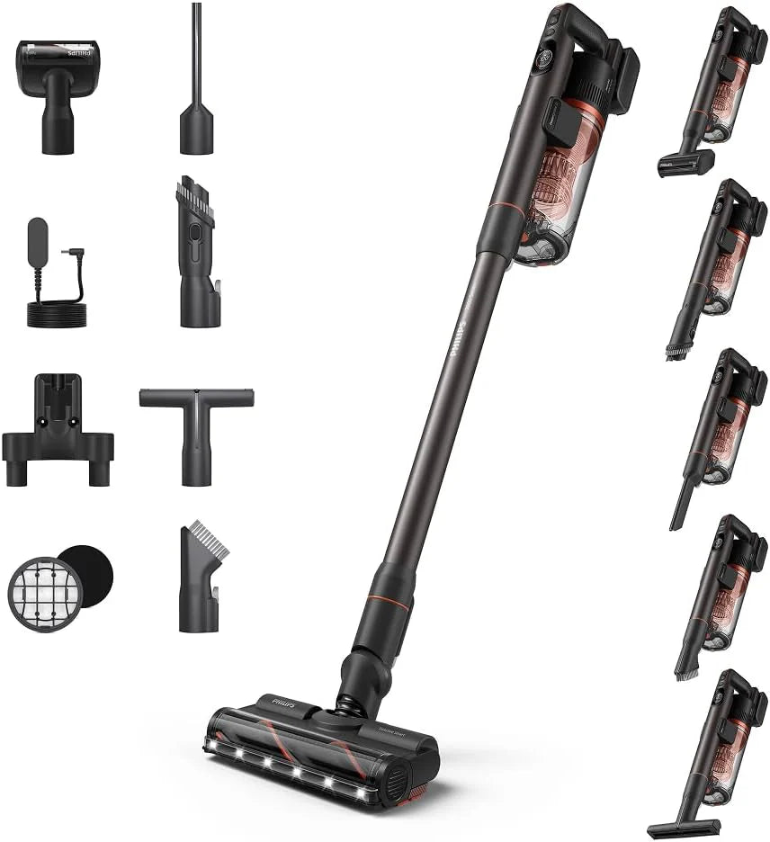 Philips SpeedPro Max Bezprzewodowy Odkurzacz Pionowy 7000 Series, Do Sierści Zwierząt, Mocne Ssanie 360°, Maks. 80 min, Bez Plątania, Do Dywanów i Twardych Podłóg, 4 Narzędzia LED (XC7065/01)
