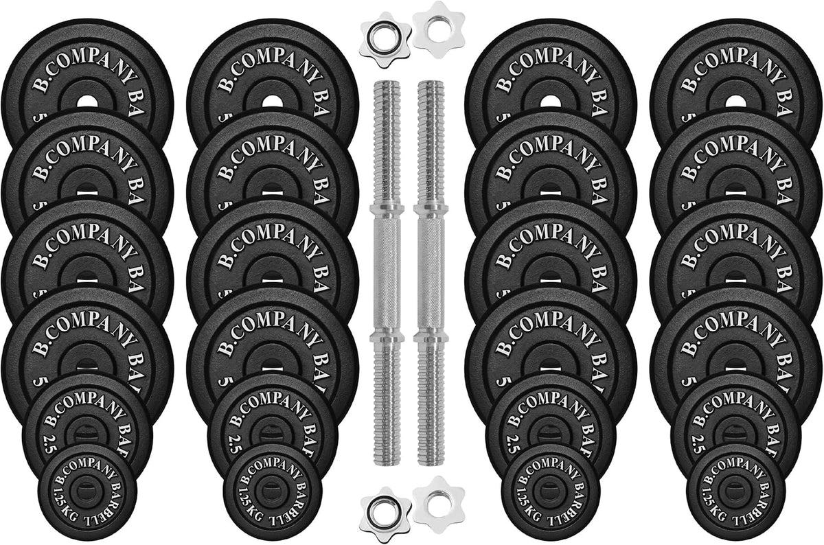 Zestaw krótkich hantli żeliwnych 100 kg (2 x krótkie hantle 51 cm, 4 x 1,25, 4 x 2,5 i 16 x 5 kg) zestaw hantli