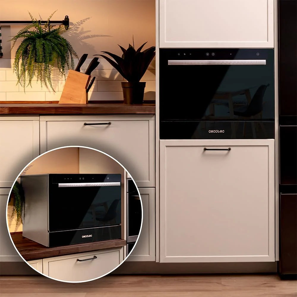 Cecotec Kompaktowa zmywarka 6 sztućców Bolero Aguazero 2400 White Glass. 1380W, białe szkło wykończone, 5 programów, panel dotykowy sterowania, programowalny do 24 h, blokada Child Lock i kosz na