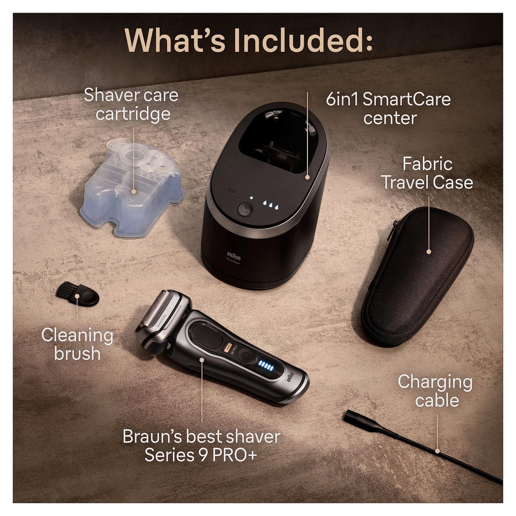 Braun Golarka elektryczna Series 9 Pro z głowicą 4+1, elektryczna maszynka do golenia dla mężczyzn z trymerem ProLift, centrum SmartCare 5 w 1 i skórzanym etui podróżnym, 2-pinowa wtyczka p